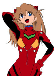 Rule 34 | 1girl, absurdres, arms up, bodysuit, breasts, brown hair, curvy, eywy4324, hair between eyes, hair ornament, hand in own hair, highres, long hair, looking at viewer, neon genesis evangelion, open mouth, pilot suit, plugsuit, red bodysuit, simple background, skin tight, small breasts, smile, solo, souryuu asuka langley, standing, two side up, very long hair, white background, wide hips