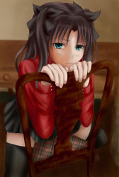 Rule 34 | 1girl, black thighhighs, brown hair, fate/stay night, fate (series), green eyes, head rest, highres, loafers, shiori (emil-anity), shoes, sitting, sitting backwards, skirt, solo, sweater, thighhighs, thighs, tohsaka rin, twintails, two side up, zettai ryouiki