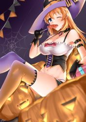 Rule 34 | 1girl, black gloves, blue eyes, blush, breasts, brown hair, candy, charlotte e. yeager, cleavage, food, gloves, groin, halloween, hat, highres, hiroshi (hunter-of-kct), jack-o&#039;-lantern, large breasts, lollipop, long hair, looking at viewer, navel, one eye closed, orange thighhighs, pumpkin, silk, sitting, solo, spider web, strike witches, thighhighs, witch, witch hat, world witches series