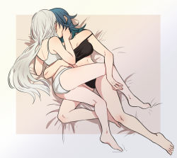 Rule 34 | 2girls, arm around back, ass, barefoot, bed, bed sheet, blue hair, bra, breasts, byleth (female) (fire emblem), byleth (fire emblem), cleavage, commentary request, edelgard von hresvelg, feet, fire emblem, fire emblem: three houses, highres, hug, intelligent systems, jewelry, kiss, long hair, multiple girls, nintendo, panties, ring, riromomo, thighs, toes, underwear, wedding band, wedding ring, white hair, wife and wife, yuri