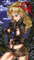 Rule 34 | 1girl, ats (ats2nd), blonde hair, cloud, dragon ball, face, gloves, green eyes, grin, hairband, jacket, leather, leather gloves, leather jacket, long hair, looking at viewer, lunch (bad) (dragon ball), lunch (dragon ball), midriff, outdoors, realistic, short shorts, shorts, skindentation, smile, solo