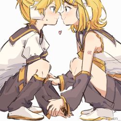 Rule 34 | 1boy, 1girl, bare shoulders, blonde hair, blush, bow, clothes grab, detached sleeves, eye contact, face-to-face, from side, hair bow, hair ornament, hairclip, headphones, headset, heart, highres, kagamine len, kagamine rin, knees, leg warmers, looking at another, m0ti, nervous, noses touching, number tattoo, sailor collar, shirt, short sleeves, shorts, shoulder tattoo, sketch, sleeve grab, sleeveless, sleeveless shirt, smile, squatting, tattoo, twitter username, vocaloid, wavy mouth
