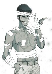 Rule 34 | 1boy, adam&#039;s apple, arm hair, arsene lupin iii, bandage pull, bandaged arm, bandaged hand, bandages, bandaid, bandaid on arm, belt, collarbone, cowboy shot, fingernails, gauze, gauze on cheek, grin, halorane, hand in pants, highres, long sideburns, long sleeves, looking at viewer, lupin iii, male focus, monochrome, navel, nipples, pectorals, scar, scar on face, scar on nose, short hair, sideburns, simple background, smile, solo, toned, toned male, topless male, white background