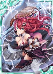 Rule 34 | 1girl, akkijin, aqua eyes, armor, axe, bare shoulders, bolt, breasts, card (medium), castle, dress, hair ornament, holding, holding weapon, large breasts, lightning, looking at viewer, official art, outdoors, pink dress, red hair, shinkai no valkyrie, storm, storm cloud, thighhighs, weapon