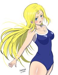 Rule 34 | 1girl, blonde hair, blue eyes, blue one-piece swimsuit, breasts, competition school swimsuit, cowboy shot, forehead, highres, iron samurai, jewelry, kofune ushio, long hair, medium breasts, necklace, one-piece swimsuit, school swimsuit, simple background, solo, summertime render, swimsuit, very long hair, white background
