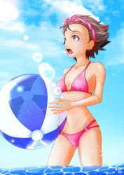Rule 34 | 1girl, alternate costume, ball, beachball, bikini, blue sky, breasts, brown hair, cloud, collarbone, girls und panzer, gluteal fold, groin, highres, lens flare, momogaa (girls und panzer), nishi itsumi, ocean, open mouth, pink bikini, red eyes, short hair, sky, small breasts, swimsuit, teeth, tongue, wading, water, wide-eyed