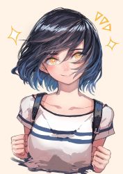 Rule 34 | 1girl, backpack, bag, beige background, black hair, blush, collarbone, grin, kaneni, looking at viewer, original, parted lips, shirt, short hair, short sleeves, simple background, smile, solo, sparkle, upper body, white shirt, yellow eyes
