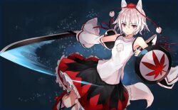 Rule 34 | 1girl, animal ear fluff, animal ears, arm shield, arm up, armpit peek, black skirt, blue background, clenched hand, closed mouth, detached sleeves, frilled skirt, frills, game cg, geta, hat, hide448, holding, holding sword, holding weapon, inubashiri momiji, leaf print, leg up, light frown, long sleeves, looking back, maple leaf print, miniskirt, official art, pom pom (clothes), red eyes, red footwear, red hat, red ribbon, red skirt, ribbon, ribbon-trimmed sleeves, ribbon trim, shirt, short hair, skirt, sleeve ribbon, sleeveless, sleeveless shirt, socks, sword, tabi, tail, tengu-geta, third-party source, tokin hat, touhou, touhou cannonball, turtleneck, two-tone skirt, weapon, white hair, white shirt, white sleeves, white socks, wide sleeves, wolf ears, wolf tail