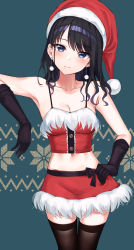 Rule 34 | 1girl, arm up, armpits, bare shoulders, black gloves, black hair, black thighhighs, blue eyes, breasts, christmas, cleavage, closed mouth, collarbone, crop top, earrings, fur trim, gloves, hand on own hip, hat, highres, idolmaster, idolmaster shiny colors, jewelry, kazano hiori, long hair, looking at viewer, medium breasts, midriff, miniskirt, mirei, mole, mole under mouth, navel, red hat, red shirt, red skirt, santa hat, shirt, skirt, sleeveless, sleeveless shirt, smile, solo, spaghetti strap, thighhighs, wavy hair, zettai ryouiki