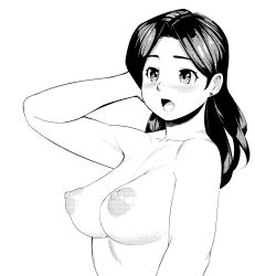 Rule 34 | 1girl, arm up, blush, breasts, collarbone, commentary request, completely nude, earrings, greyscale, hair behind ear, hand on own head, highres, jewelry, large breasts, long hair, mature female, monochrome, nemui333, nipples, nude, open mouth, original, puffy nipples, solo, stud earrings, upper body