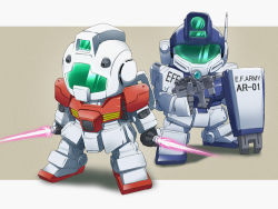 Rule 34 | artist request, chibi, dual wielding, energy sword, gm (mobile suit), gm sniper ii, gun, gundam, gundam side story: rise from the ashes, holding, mecha, mobile suit gundam, robot, shield, simple background, sword, weapon