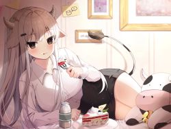 Rule 34 | 1girl, :p, animal ears, arm support, black skirt, blush, bottle, breasts, brown eyes, cake, cake slice, collared shirt, commentary, cow ears, cow girl, cow horns, cow tail, dress shirt, eating, food, fork, highres, holding, holding fork, horns, indoors, large breasts, long hair, long sleeves, looking at viewer, lying, milk bottle, nannung, on side, original, pencil skirt, plate, shirt, skirt, solo, strawberry cake, stuffed animal, stuffed cow, stuffed toy, symbol-only commentary, tail, tongue, tongue out, white hair, white shirt