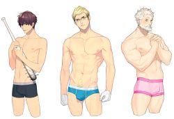 Rule 34 | 3boys, abdominal hair, absurdres, baseball bat, beard, blonde hair, boxer briefs, boxers, briefs, brown eyes, bulge, cropped legs, eyebrows, facial hair, glasses, green eyes, grey eyes, groin, hair between eyes, highres, holding, holding weapon, interlocked fingers, japants, looking at viewer, male focus, male underwear, multiple boys, muscular, mustache, nail, nail bat, navel, nipples, old, old man, original, own hands clasped, own hands together, parted lips, pectorals, rimless eyewear, sketch, skin tight, stomach, topless male, transparent background, underwear, underwear only, weapon, white hair
