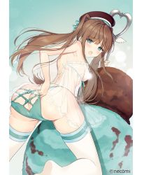 Rule 34 | 1girl, aqua eyes, ass, back, blush, bow, bow panties, breasts, brown hair, food, hat, ice cream, long hair, mint chocolate, mint chocolate chip, necomi, open mouth, original, panties, ribbon, see-through, solo, thighhighs, thighs, twintails, underwear, white thighhighs