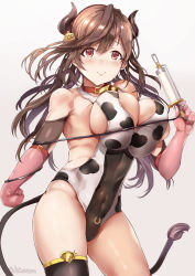 Rule 34 | 1girl, animal print, bell, neck bell, blush, breasts, brown hair, cleavage, collar, cow girl, cow print, cow tail, cowbell, elbow gloves, gloves, highres, himuro shunsuke, idolmaster, idolmaster shiny colors, large breasts, long hair, red eyes, sideboob, smile, solo, tail, thighhighs, tsukioka kogane
