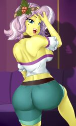 Rule 34 | 1girl, ass, bare shoulders, breasts, cogbrony, commission, flower, hasbro, highres, large breasts, looking at viewer, looking back, mole, my little pony, my little pony: equestria girls, my little pony: friendship is magic, shorts, sideboob, solo, vignette valencia, wide hips