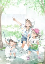 Rule 34 | 3girls, :d, arm up, baseball cap, black footwear, black hair, blue footwear, blue shorts, blush, brown eyes, butterfly net, closed eyes, closed mouth, commentary request, day, dress, gomennasai, hair over shoulder, hand net, hat, highres, holding, insect cage, long hair, low twintails, multiple girls, open mouth, original, outdoors, outstretched arm, pink footwear, pink headwear, pointing, ponytail, shirt, shoes, short sleeves, shorts, siblings, sisters, sleeveless, sleeveless dress, smile, socks, tree, twintails, v-shaped eyebrows, white dress, white headwear, white shirt, white socks