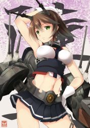 Rule 34 | &gt;:), 10s, 1girl, absurdres, arm up, armpits, bare shoulders, breasts, brown hair, contrapposto, cowboy shot, flower, gloves, gluteal fold, green eyes, hairband, hand on own hip, hazuki gyokuto, headgear, highres, kantai collection, looking at viewer, midriff, miniskirt, mutsu (kancolle), navel, radio antenna, short hair, skirt, sleeveless, smile, solo, standing, turret, underbust, v-shaped eyebrows, white gloves, wisteria