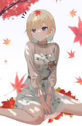 Rule 34 | 1girl, 4kebidayo, absurdres, aizawa ema, autumn, belt, blonde hair, blue eyes, blunt bangs, brown belt, center frills, dress, falling leaves, floral print, frills, gradient hair, green dress, green hair, hair flaps, highres, lace, lace-trimmed shirt, lace trim, leaf, leaf on head, long sleeves, looking up, multicolored hair, official alternate costume, official alternate hairstyle, petticoat, shirt, short hair, sitting, solo, tree, v arms, virtual youtuber, vspo!, wariza, white background, white shirt