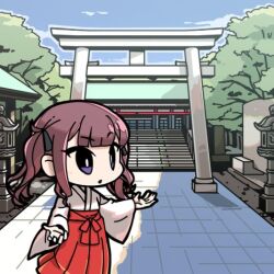 Rule 34 | 1girl, alternate costume, architecture, blue sky, blunt bangs, brown hair, cevio, chibi, day, east asian architecture, feet out of frame, hakama, japanese clothes, kimono, long hair, long sleeves, looking ahead, lowres, miko, moyasiwhite, natsuki karin, otaru (hokkaido), outdoors, outline, parted lips, purple eyes, raised eyebrow, real world location, red hakama, second-party source, shadow, shrine, sky, solo, stairs, standing, stone lantern, synthesizer v, tree, twintails, white kimono