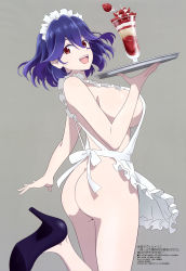 Rule 34 | 1girl, absurdres, apron, ass, black footwear, blue hair, breasts, female focus, food, fruit, grey background, high heels, highres, holding, holding tray, kinsou no vermeil, large breasts, looking at viewer, magazine scan, maid headdress, medium hair, megami magazine, naked apron, official art, open mouth, parfait, red eyes, scan, sideboob, simple background, smile, solo, strawberry, thighs, tray, vermeil (kinsou no vermeil)