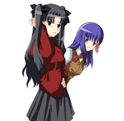 Rule 34 | 00s, 2girls, black hair, blue hair, bow, date (senpen), fate/stay night, fate (series), from side, hair bow, hair ribbon, hand in own hair, hand on own hip, leaning forward, long hair, matou sakura, multiple girls, neck ribbon, ribbon, siblings, sisters, skirt, tohsaka rin, turtleneck, two side up, vest