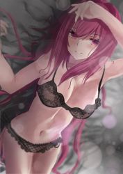 Rule 34 | 1girl, arm up, armpits, bare arms, bare shoulders, bed sheet, black bra, black panties, blurry, blush, bra, breasts, breath, cleavage, closed mouth, cowboy shot, depth of field, fate (series), floral print, foreshortening, highres, kesoshirou, large breasts, lens flare, lingerie, long hair, looking at viewer, lying, navel, on back, panties, pink hair, red eyes, scathach (fate), smile, solo, stomach, straight hair, underwear, very long hair