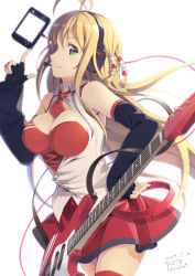Rule 34 | 1girl, antenna hair, beads, blonde hair, breasts, cleavage, detached sleeves, fingerless gloves, gloves, green eyes, guitar, hair beads, hair ornament, headset, highres, instrument, large breasts, long hair, looking at viewer, necktie, open clothes, open shirt, red necktie, shirt, smile, solo, tsurumaki maki, voiceroid, yoshino ryou