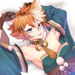 Rule 34 | 1boy, :p, animal ears, arms up, bare shoulders, bed sheet, brown gloves, commentary request, cosplay, crossdressing, detached sleeves, dog boy, dog ears, echu, genshin impact, gloves, gorou (genshin impact), green eyes, green kimono, hair between eyes, hair ornament, highres, hina (genshin impact), hina (genshin impact) (cosplay), japanese clothes, jewelry, kimono, looking at viewer, lying, male focus, multicolored hair, neck ring, off shoulder, on back, orange hair, pom pom (clothes), shiny skin, short eyebrows, solo, streaked hair, tassel, tongue, tongue out, upper body, white hair