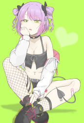 Rule 34 | 1girl, absurdres, asymmetrical legwear, bare shoulders, belt, black footwear, black shorts, blush, boots, breasts, buckle, cleavage, collar, crop top, dottocom tegaki, ear piercing, fishnet socks, fishnet thighhighs, fishnets, full body, green background, green eyes, hair rings, heart, highres, hololive, jacket, knee up, long sleeves, looking at viewer, medium breasts, midriff, navel, navel hair, off shoulder, open mouth, piercing, pointy ears, purple hair, short hair, shorts, sidelocks, single sock, single thighhigh, sitting, snap-fit buckle, socks, solo, tail, tail ornament, tail piercing, thighhighs, tokoyami towa, uneven legwear, virtual youtuber, white jacket