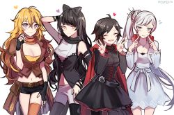 Rule 34 | 4girls, bad id, bad twitter id, belt, black hair, blake belladonna, blonde hair, blue eyes, bow, breasts, cape, cleavage, corset, cropped jacket, double v, ecru, fingerless gloves, fingersmile, gloves, hair bow, jewelry, long hair, looking at viewer, multiple girls, navel, necklace, pantyhose, ponytail, purple eyes, red cape, red hair, ruby rose, rwby, scar, scar across eye, scar on face, side ponytail, simple background, single thighhigh, smile, standing, thighhighs, v, weiss schnee, white hair, yang xiao long, yellow eyes