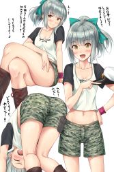 Rule 34 | 10s, 1girl, :d, ^ ^, all fours, alternate costume, ass, blush, bow, breasts, brown eyes, camouflage, camouflage shorts, casual, cleavage, closed eyes, clothes writing, collarbone, cross-laced clothes, crossed legs, female focus, green hair, hair bow, hair ribbon, hand on own hip, hat, highres, holding, ichikawa feesu, kantai collection, long hair, multiple views, musical note, navel, open mouth, peaked cap, ponytail, quaver, raglan sleeves, ribbon, short sleeves, shorts, silver hair, sitting, small breasts, smile, tears, translated, white background, wristband, yellow eyes, yuubari (kancolle)