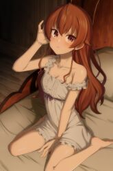 Rule 34 | 1girl, ahoge, eris greyrat, hand up, highres, indoors, long hair, mushoku tensei, nightgown, ogi non, on bed, red eyes, red hair, sitting, solo, wariza, wooden floor