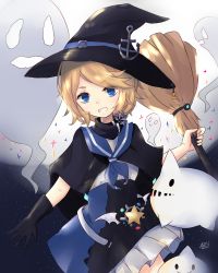 Rule 34 | 1girl, anchor, blonde hair, blue eyes, broom, commentary request, full moon, ghost, gloves, halloween, halloween costume, hat, highres, looking at viewer, moon, short hair, solo, warship girls r, witch hat, z16 friedrich eckoldt (warship girls r)