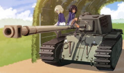 Rule 34 | andou (girls und panzer), arl-44, back-to-back, bc freedom military uniform, black footwear, black hair, blonde hair, blue eyes, blue jacket, blue sky, blue vest, blurry, blurry foreground, boots, brown eyes, closed mouth, cloud, cloudy sky, commentary, dappled sunlight, dark-skinned female, dark skin, day, depth of field, dress shirt, foreshortening, frown, girls und panzer, high collar, highres, jacket, jinguu (4839ms), knee boots, knee up, long sleeves, looking at viewer, medium hair, messy hair, military uniform, military vehicle, miniskirt, motor vehicle, oshida (girls und panzer), outdoors, pleated skirt, shirt, sitting, skirt, sky, sunlight, tank, uniform, vehicle focus, vest, white shirt, white skirt