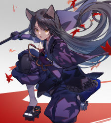 Rule 34 | 1girl, animal ears, arknights, autumn leaves, black footwear, black hair, brown eyes, dog ears, dog girl, elbow gloves, facial mark, fighting stance, fingerless gloves, forehead mark, full body, geta, gloves, holding, holding weapon, japanese clothes, kimono, knee pads, leaf, long hair, looking at viewer, maple leaf, naginata, nian (zhanian), on one knee, open mouth, pants, polearm, puffy pants, purple gloves, purple kimono, purple pants, saga (arknights), solo, straight hair, tabi, tasuki, v-shaped eyebrows, very long hair, weapon, white legwear