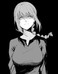 Rule 34 | 1girl, black background, braid, chainsaw man, collarbone, dress, eyelashes, hair between eyes, highres, long hair, long sleeves, looking at viewer, makima (chainsaw man), minori sisiza, monochrome, ponytail, sleeves past elbows, smile, solo, unusual pupils