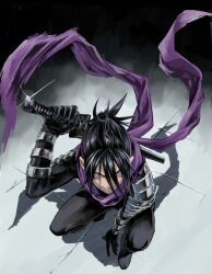 Rule 34 | 1boy, black bodysuit, black hair, bodysuit, closed mouth, commentary request, facial mark, folded ponytail, full body, grey eyes, hair between eyes, holding, holding sword, holding weapon, indesign, katana, looking at viewer, male focus, ninja, one-punch man, onsoku no sonic, purple scarf, scarf, smile, solo, sword, weapon