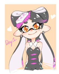 Rule 34 | + +, 1girl, arms behind back, black hair, black jumpsuit, breasts, brown eyes, callie (splatoon), chinese commentary, cleavage, closed mouth, commentary request, cropped torso, detached collar, earrings, english text, food, food on head, gloves, gradient hair, highres, inkling, jewelry, jumpsuit, long hair, madaga (animaofmoon), medium breasts, mole, mole under eye, multicolored hair, nintendo, object on head, outside border, pointy ears, purple hair, smile, solo, splatoon (series), splatoon 1, strapless, sushi, tentacle hair, very long hair, white gloves, yellow background