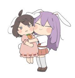 Rule 34 | 2girls, animal ears, arms up, barefoot, belt, blush, brown footwear, brown hair, carrot necklace, chibi, citrus (place), closed eyes, closed mouth, collar, collared shirt, dress, hair between eyes, hands up, hug, inaba tewi, jewelry, kneehighs, long hair, looking at viewer, multiple girls, necklace, necktie, open mouth, pink dress, puffy short sleeves, puffy sleeves, purple hair, rabbit ears, rabbit tail, red belt, red neckwear, red skirt, reisen udongein inaba, shirt, shoes, short hair, short sleeves, simple background, skirt, smile, socks, standing, tail, touhou, white background, white eyes, white legwear, white shirt