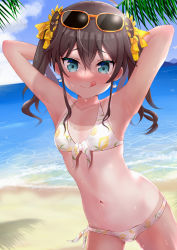 Rule 34 | 1girl, absurdres, ahoge, armpits, arms behind head, arms up, bare shoulders, beach, bikini, blue eyes, breasts, brown hair, cat earrings, collarbone, commentary request, cowboy shot, earrings, eyewear on head, flower, front-tie top, hair between eyes, hair flower, hair ornament, highres, hololive, huge filesize, jewelry, licking lips, looking at viewer, natsuiro matsuri, natsuiro matsuri (summer 2020), navel, ocean, one-piece tan, ontake2009, palm leaf, sand, short hair, small breasts, solo, stomach, sunflower, sunflower hair ornament, sunglasses, swimsuit, tan, tanline, tongue, tongue out, twintails, virtual youtuber, wet