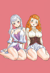 Rule 34 | 2girls, black clover, blush, breasts, cleavage, cousins, highres, impossible clothes, large breasts, legs, looking at viewer, mimosa vermillion, multiple girls, noelle silva, open mouth, orange hair, pink eyes, silver hair, simple background, sitting, twintails, yellow eyes