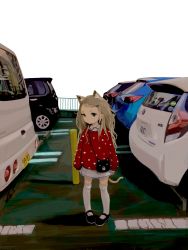Rule 34 | 1girl, :|, animal ear fluff, animal ears, black footwear, brown hair, car, cat ears, cat tail, child, closed mouth, commentary, expressionless, fence, full body, hair ornament, hairclip, highres, kneehighs, long hair, looking at viewer, mary janes, messy hair, motor vehicle, ohgnokuni, original, outdoors, parking lot, pole, polka dot, polka dot sweater, pouch, red sweater, shirt, shoes, skirt, sleeves past wrists, socks, solo, standing, sweater, swept bangs, symbol-only commentary, tail, white background, white shirt, white skirt, white socks, wing collar