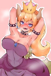 Rule 34 | 1girl, absurdres, armlet, armpits, blonde hair, blue eyes, blush, bowsette, bracelet, breasts, cleavage, collar, covered erect nipples, dress, fangs, highres, horns, jewelry, koopa shell, large breasts, lizard tail, long hair, mario (series), nintendo, outline, pink background, pointy ears, ponytail, sharp teeth, solo, spiked armlet, spiked bracelet, spikes, sweat, tail, teeth