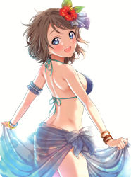 Rule 34 | 1girl, absurdres, arm garter, ass, bare shoulders, bikini, blue bikini, blue eyes, blush, bow, breasts, brown hair, clothes lift, cowboy shot, floral print, from behind, hair bow, halterneck, highres, looking at viewer, looking back, love live!, love live! school idol festival, love live! sunshine!!, medium breasts, open mouth, print sarong, sankuro (agoitei), sarong, sarong lift, scan, see-through, short hair, sideboob, simple background, solo, standing, swimsuit, watanabe you, white background