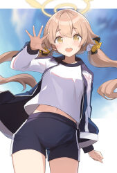 Rule 34 | 1girl, alternate costume, blonde hair, blue archive, blue shorts, blue sky, blush, collarbone, cowboy shot, gym shirt, gym shorts, hair between eyes, hair flaps, halo, hand up, hifumi (blue archive), highres, jacket, long hair, long sleeves, looking at viewer, low twintails, midriff peek, miya kazutomo, multicolored clothes, multicolored jacket, navel, open clothes, open jacket, open mouth, shirt, shorts, simple background, sky, smile, teeth, thighs, twintails, two-tone background, waving, white background, white jacket, white shirt, wing hair ornament, winged halo, yellow eyes, yellow halo
