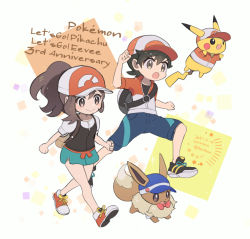 Rule 34 | 1boy, 1girl, anniversary, artist name, backpack, bag, baseball cap, black footwear, brown bag, brown eyes, brown hair, chase (pokemon), clenched hands, closed mouth, clothed pokemon, cocoloco, commentary request, copyright name, creatures (company), dated, elaine (pokemon), game freak, gen 1 pokemon, green shorts, hat, jacket, nintendo, pikachu, pokemon, pokemon lgpe, ponytail, shirt, shoes, short sleeves, shorts, side slit, side slit shorts, sidelocks, smile, sneakers, star (symbol), twitter username