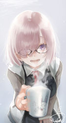Rule 34 | blurry, coffee mug, cup, depth of field, fate/grand order, fate (series), foreshortening, glasses, hair over one eye, highres, leaning forward, looking at viewer, mash kyrielight, mizutame tori, mug, necktie, open mouth, pink hair, pov, purple eyes, reaching, reaching towards viewer, short hair, signature, smile, solo, steam, teeth
