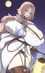 Rule 34 | 1girl, areola slip, breasts, brown eyes, cleavage, covered erect nipples, fur trim, garter straps, gloves, goddess of victory: nikke, huge breasts, lantern, long hair, looking at viewer, ludmilla (nikke), ludmilla (winter owner) (nikke), mature female, otogi tetsurou, panties, pantyshot, smile, solo, tagme, thick thighs, thighhighs, thighs, underwear
