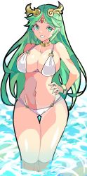 Rule 34 | 1girl, bikini, bracelet, breasts, circlet, cleavage, enpe, green eyes, green hair, hair ornament, hand on own hip, highres, jewelry, kid icarus, large breasts, long hair, navel, neck ring, nintendo, palutena, simple background, smile, solo, swimsuit, teeth, thigh gap, thighs, very long hair, wading, water, white background, white bikini, wide hips